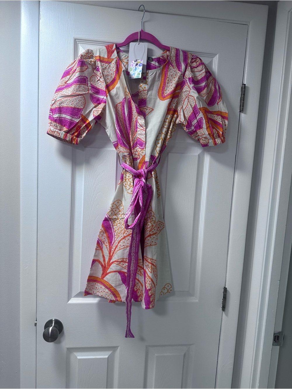 Puff-Sleeve Mini Wrap Dress in Pink, Orange & Cream